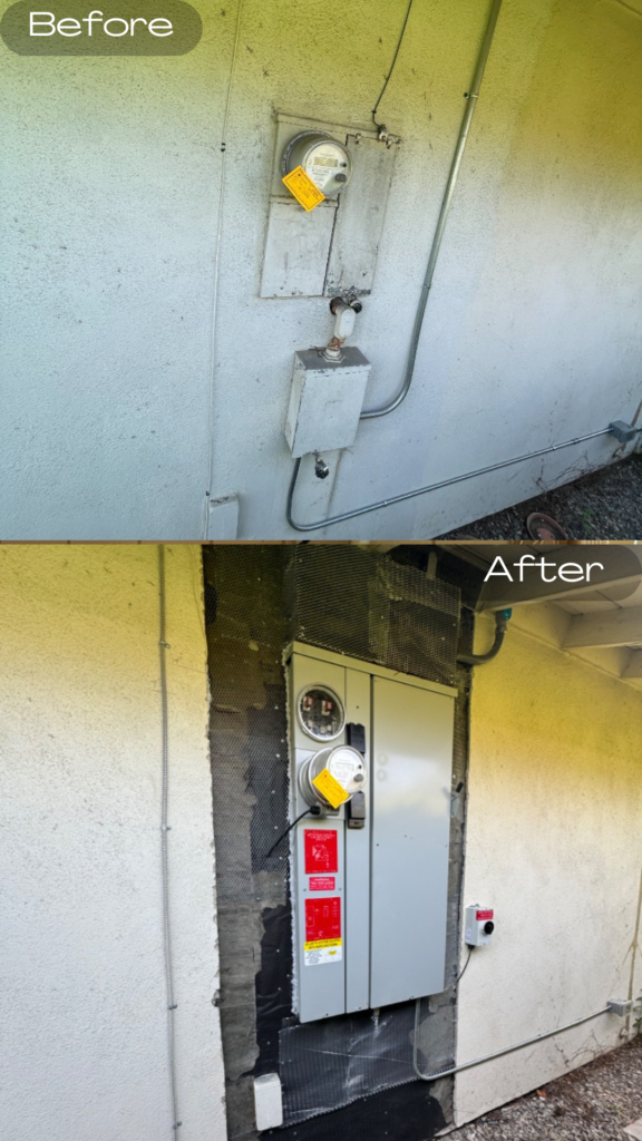 Before and after picture of the main panel upgrade to the Smart Main Panel